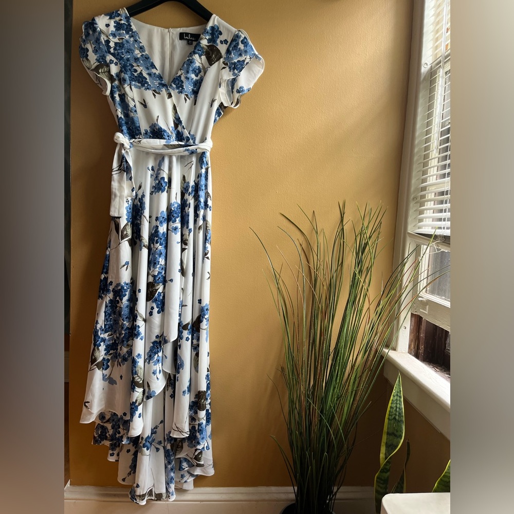 Lulus High-Low Blue/Green and White Floral Dress, Size XS